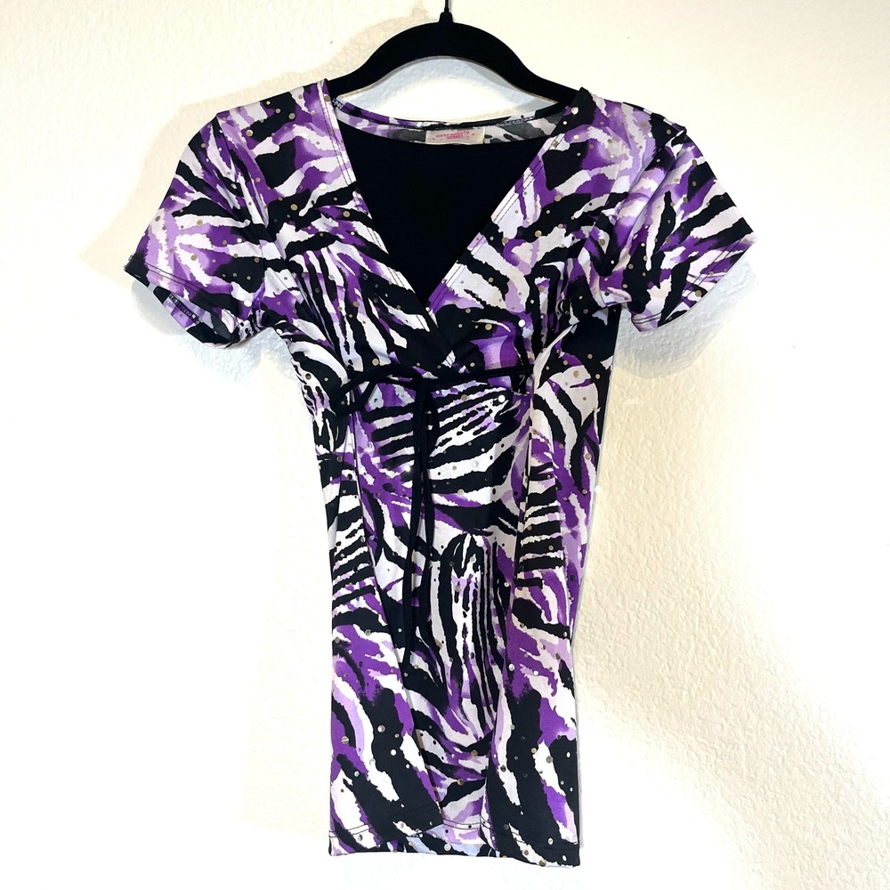Y2K Paper Tag‎ Extremely Me Purple Zebra Sequin Wrap Top Blouse Short Sleeve M